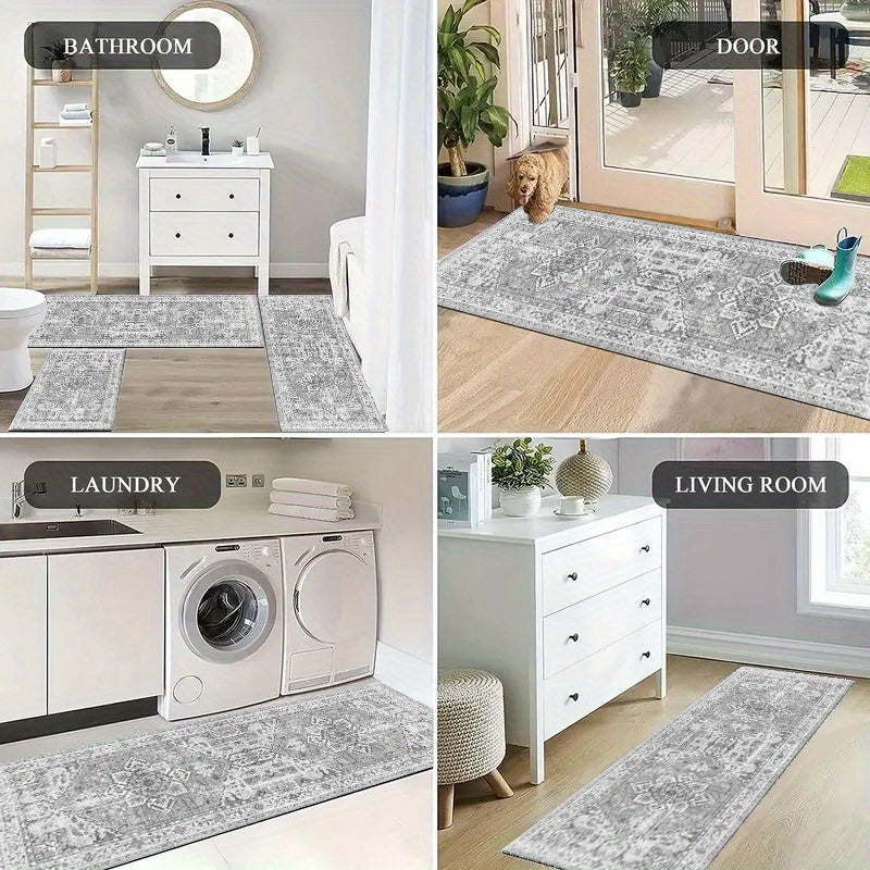 3-Piece Washable Boho Chic Kitchen Rug Set Non-Slip Polyester TPR Backing
