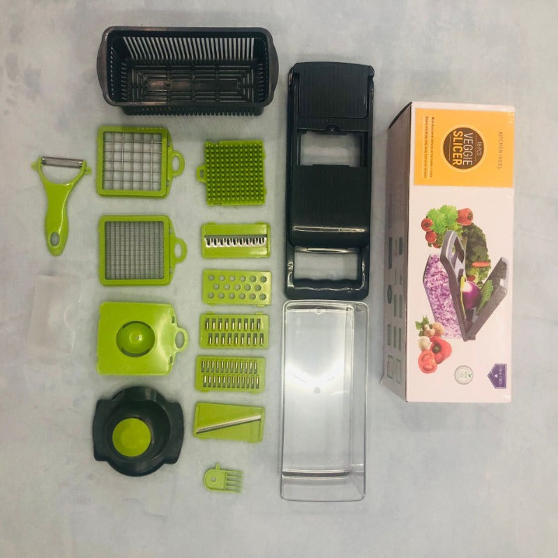 15-piece vegetable chopper set with interchangeable blades container and handle food grater