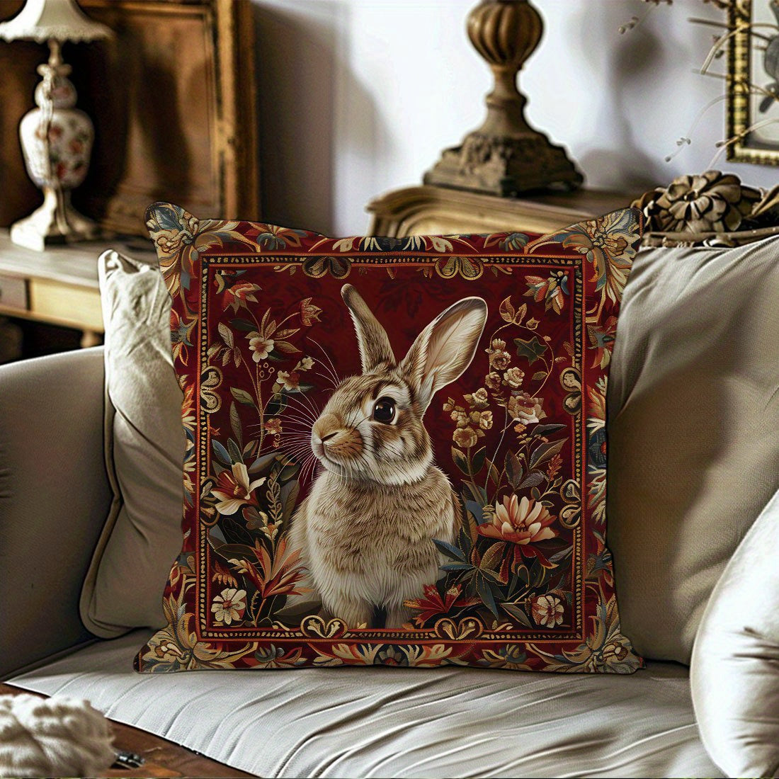 Gipoallergen vintage Morris uslubidagi quyon printli tashqi yostiq qopqog'i to'qilgan polyester peach skin velvettan, ko'rinmas zip bilan. Mashinada yuvish mumkin, uy bezaklari, divan va yotoq xonasi uchun mos. O'lchamlari 44.98x44.98 sm.