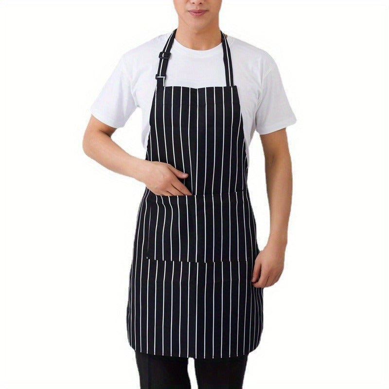 Bir parcha chiziqli oshpaz aproni mehmonxona va restoran oshpazlari uchun mo'ljallangan. Ushbu apron qahvaxonalar uchun ideal bo'lib, dog'larni oldini olish va oshxona jihozlarini toza saqlash uchun uzun bo'yinli osma dizaynga ega.