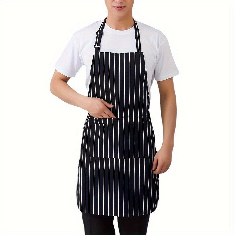 Bir parcha chiziqli oshpaz aproni mehmonxona va restoran oshpazlari uchun mo'ljallangan. Ushbu apron qahvaxonalar uchun ideal bo'lib, dog'larni oldini olish va oshxona jihozlarini toza saqlash uchun uzun bo'yinli osma dizaynga ega.