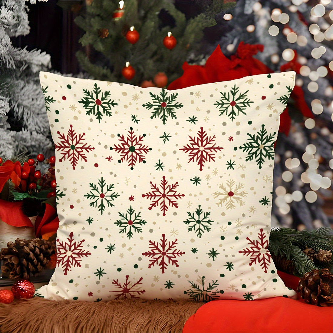 Christmas Snowflake Velvet Throw Pillow Cover 17.7in Red Green Home Decor Cushion Case