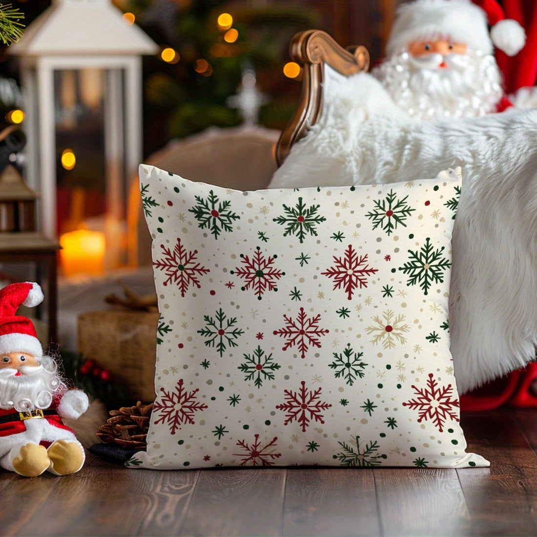 Christmas Snowflake Velvet Throw Pillow Cover 17.7in Red Green Home Decor Cushion Case