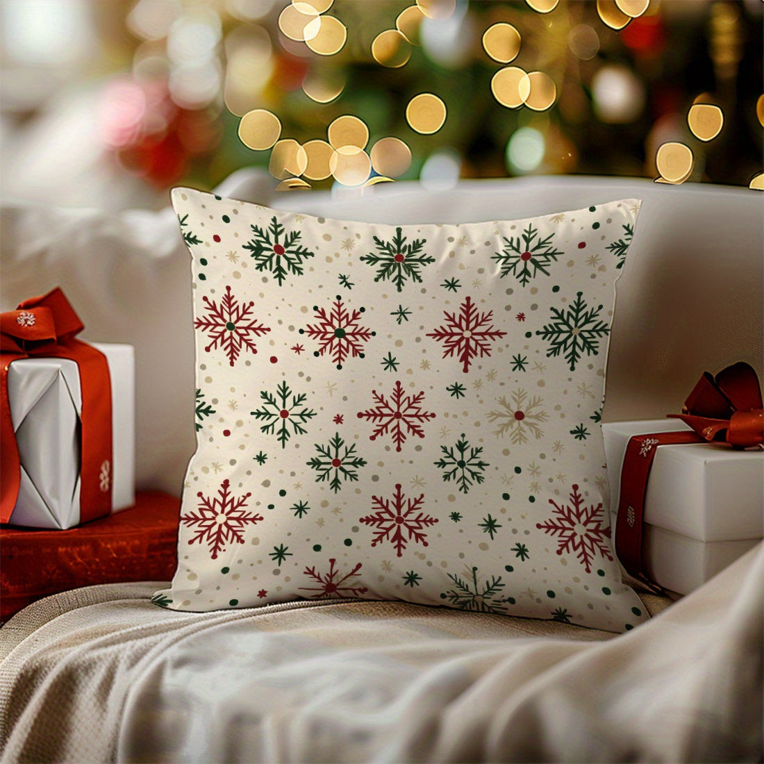 Christmas Snowflake Velvet Throw Pillow Cover 17.7in Red Green Home Decor Cushion Case