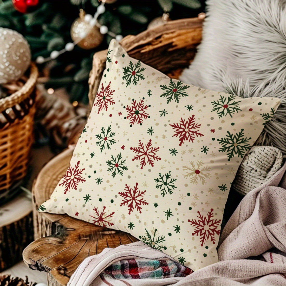 Christmas Snowflake Velvet Throw Pillow Cover 17.7in Red Green Home Decor Cushion Case