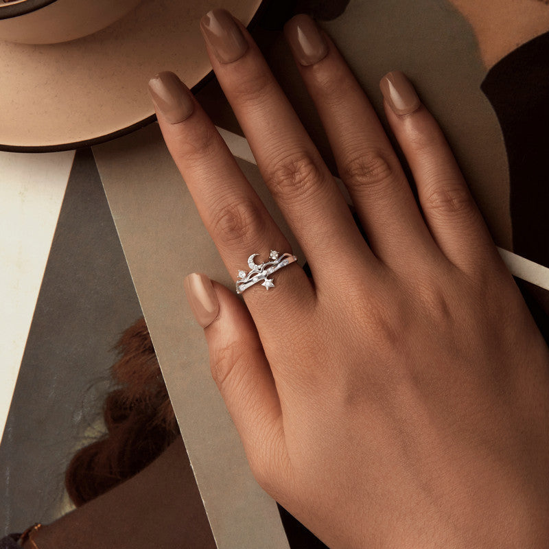 Sterling Silver Ring with Zirconia Moon and Star White Gold Plated Women’s Fashion Band