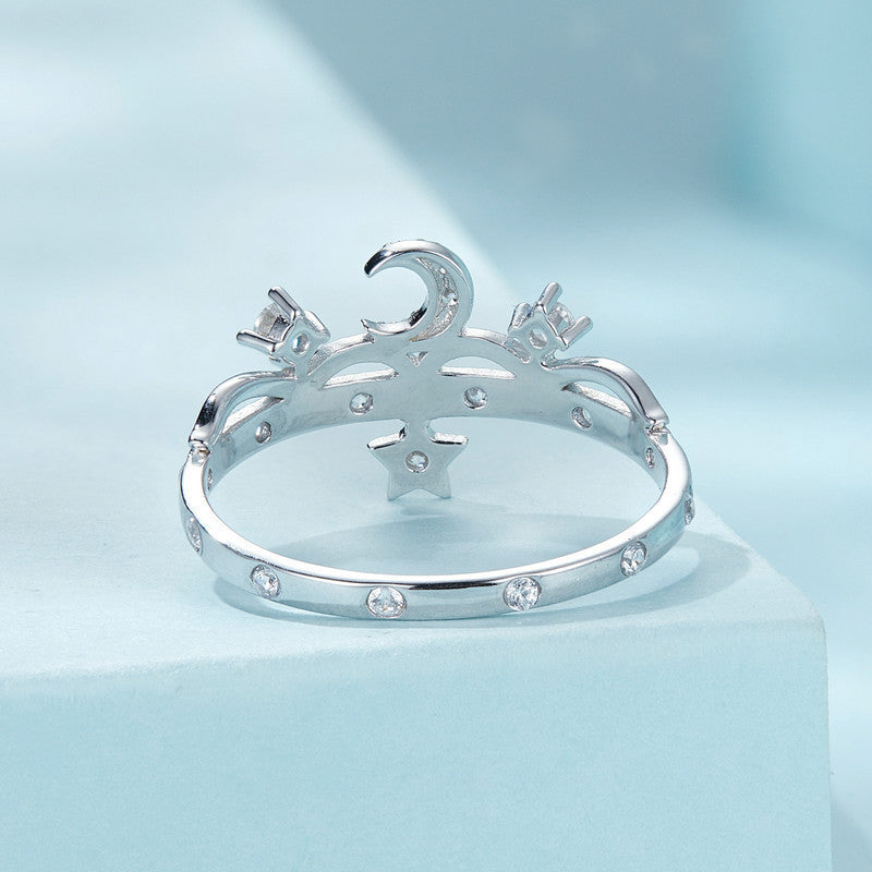Sterling Silver Ring with Zirconia Moon and Star White Gold Plated Women’s Fashion Band