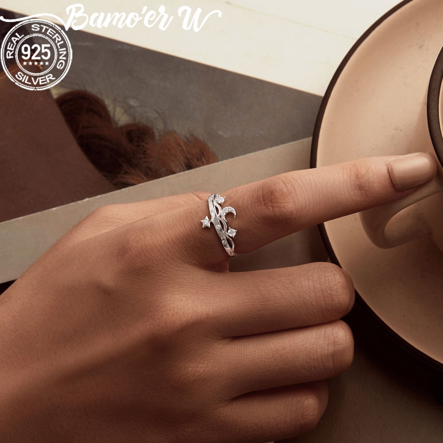 Sterling Silver Ring with Zirconia Moon and Star White Gold Plated Women’s Fashion Band