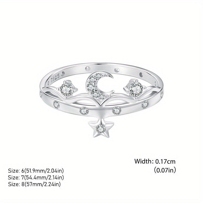Sterling Silver Ring with Zirconia Moon and Star White Gold Plated Women’s Fashion Band