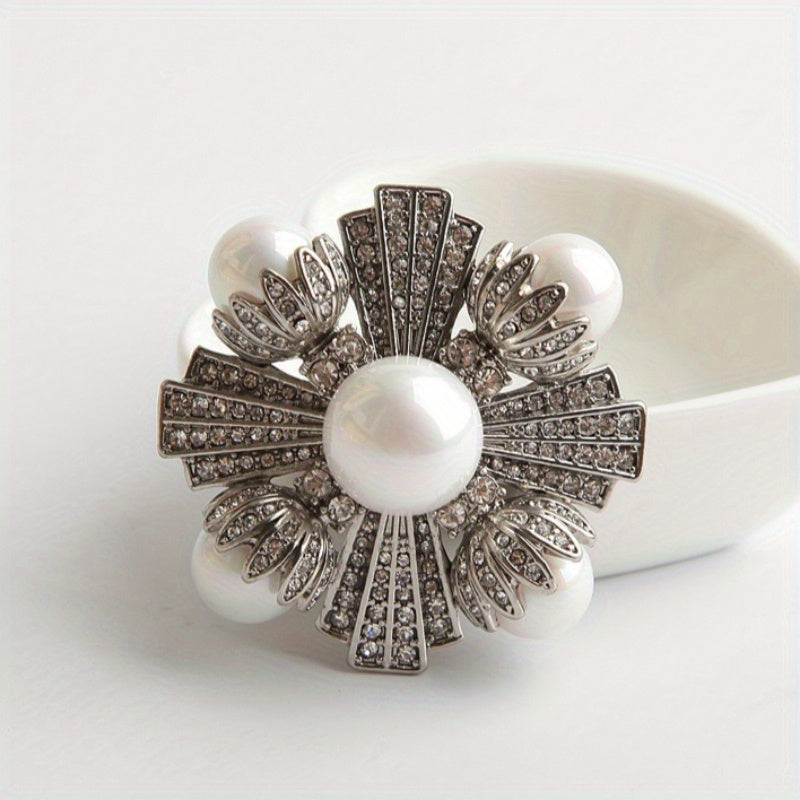 Enamel Flower Brooch with Rhinestones and Imitation Pearls for Women