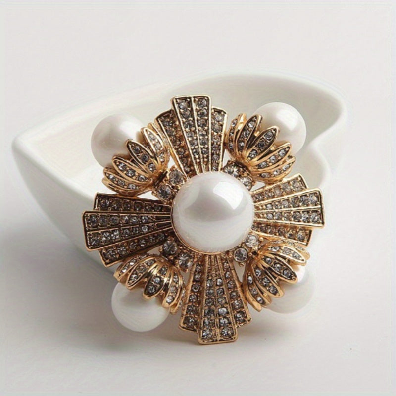 Enamel Flower Brooch with Rhinestones and Imitation Pearls for Women