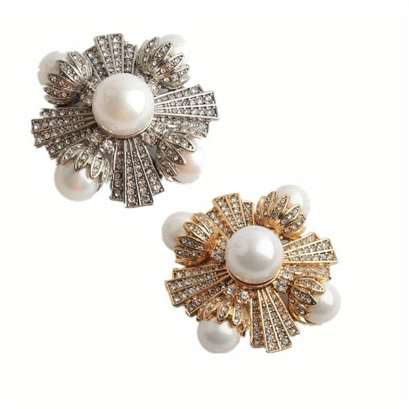 Enamel Flower Brooch with Rhinestones and Imitation Pearls for Women