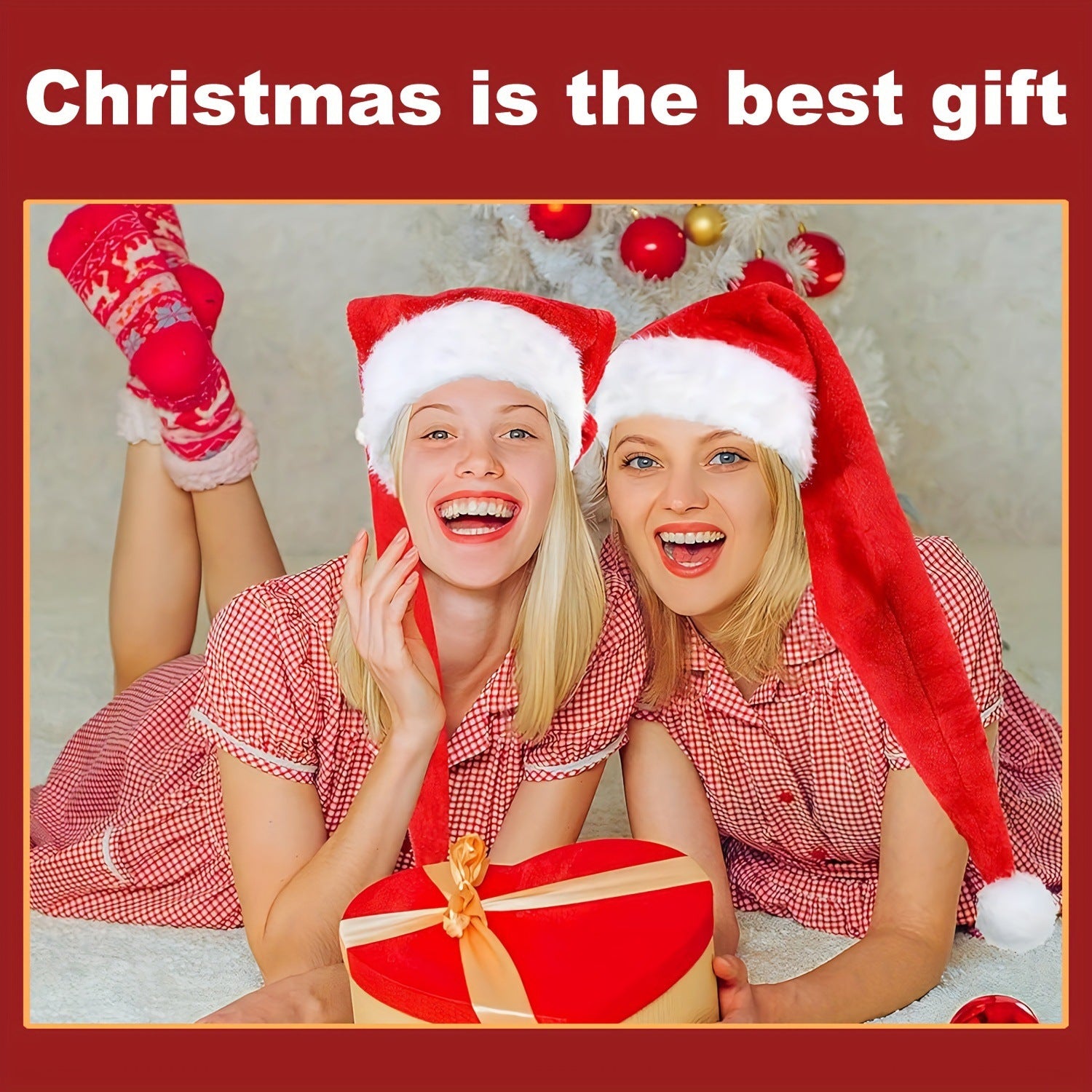 Long Plush Santa Hat Red Black Holiday Decor with Pom-Poms