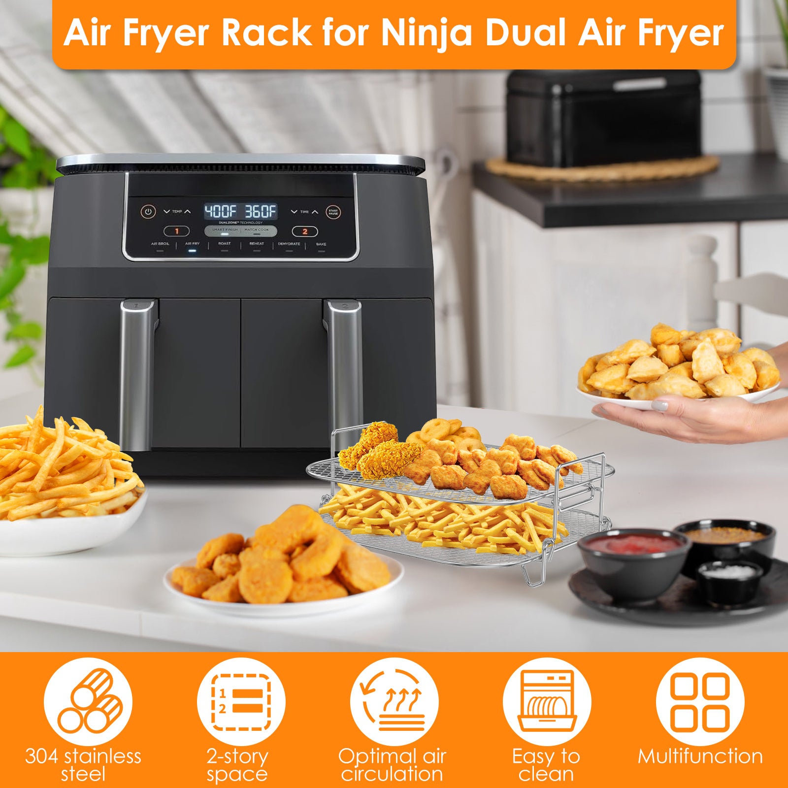 Stainless Steel Square Air Fryer Racks 20.32cm Stackable Heat-Resistant Compatible with AG301 AG302 AG400