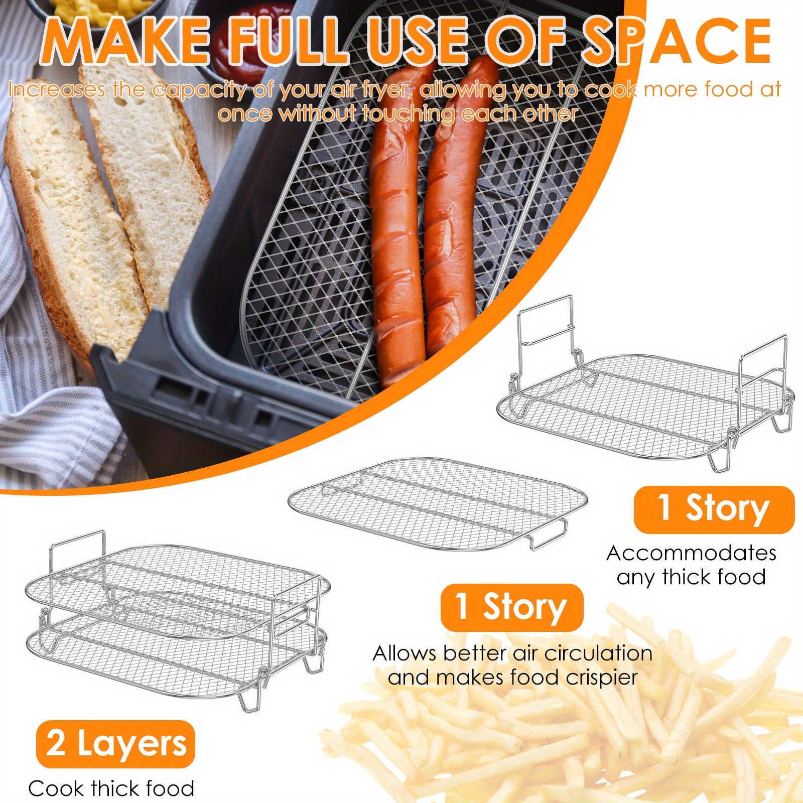 Stainless Steel Square Air Fryer Racks 20.32cm Stackable Heat-Resistant Compatible with AG301 AG302 AG400