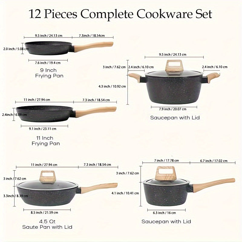 Non-Stick Cookware Set 12-Piece Granite Induction Pots Pans with Frying Pan Tongs