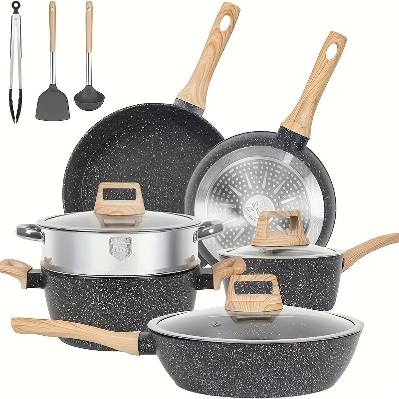 Non-Stick Cookware Set 12-Piece Granite Induction Pots Pans with Frying Pan Tongs