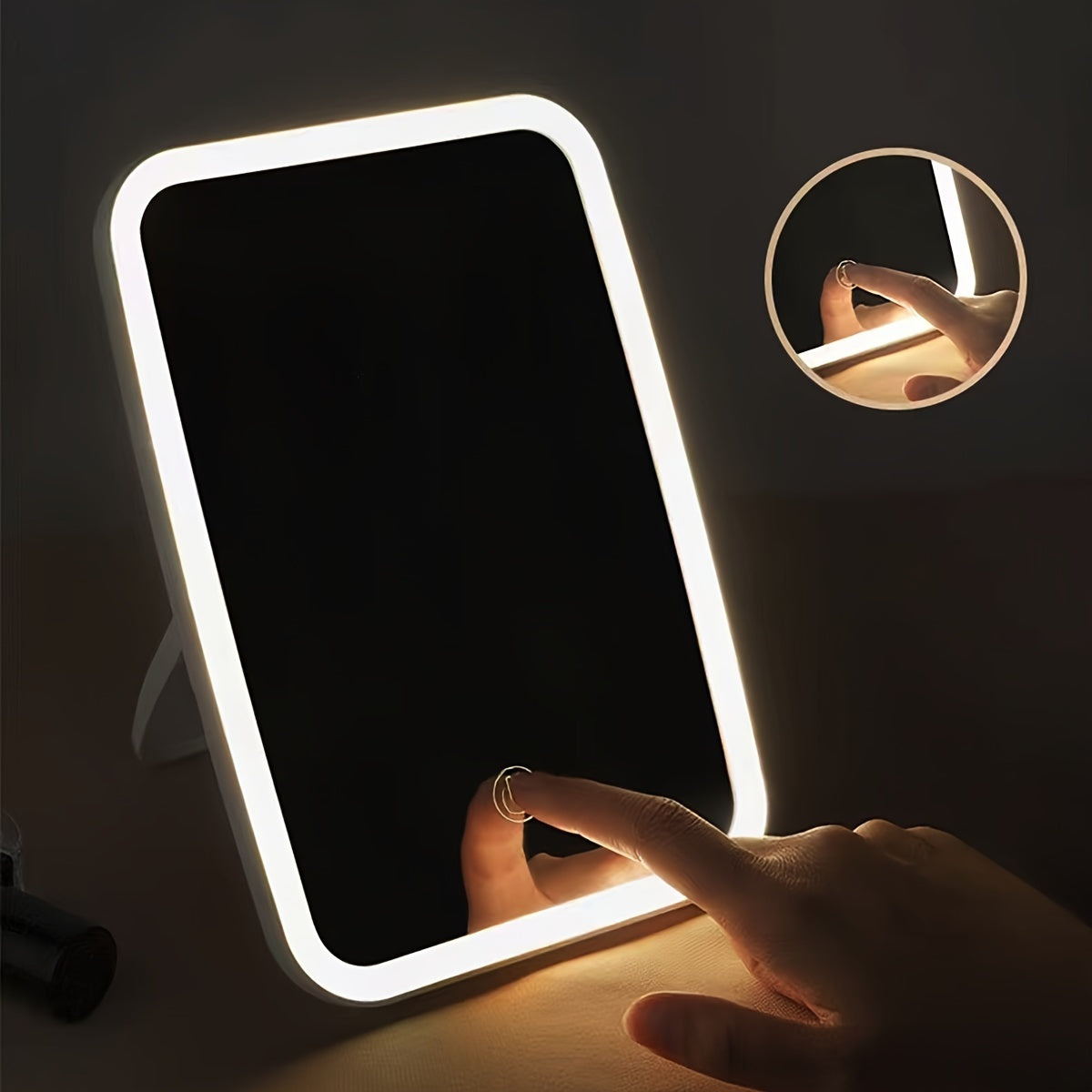 Portable LED Makeup Mirror with Touch Sensor, Adjustable Brightness, Rechargeable Lithium Battery, USB Charging, Foldable Flower Design