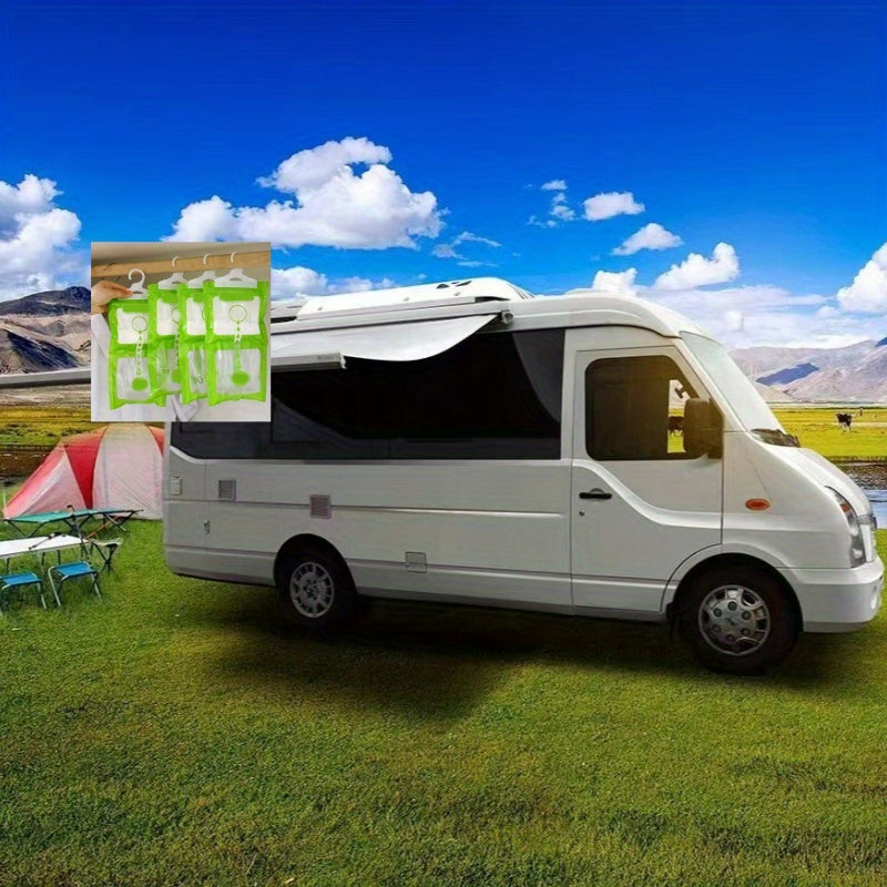 4 зеленых висячих мешка для осушения воздуха в шкафу с прозрачным окном, нетоксичный устранитель запахов для гардероба, портативный и без батареек, идеально подходит для домашнего использования.