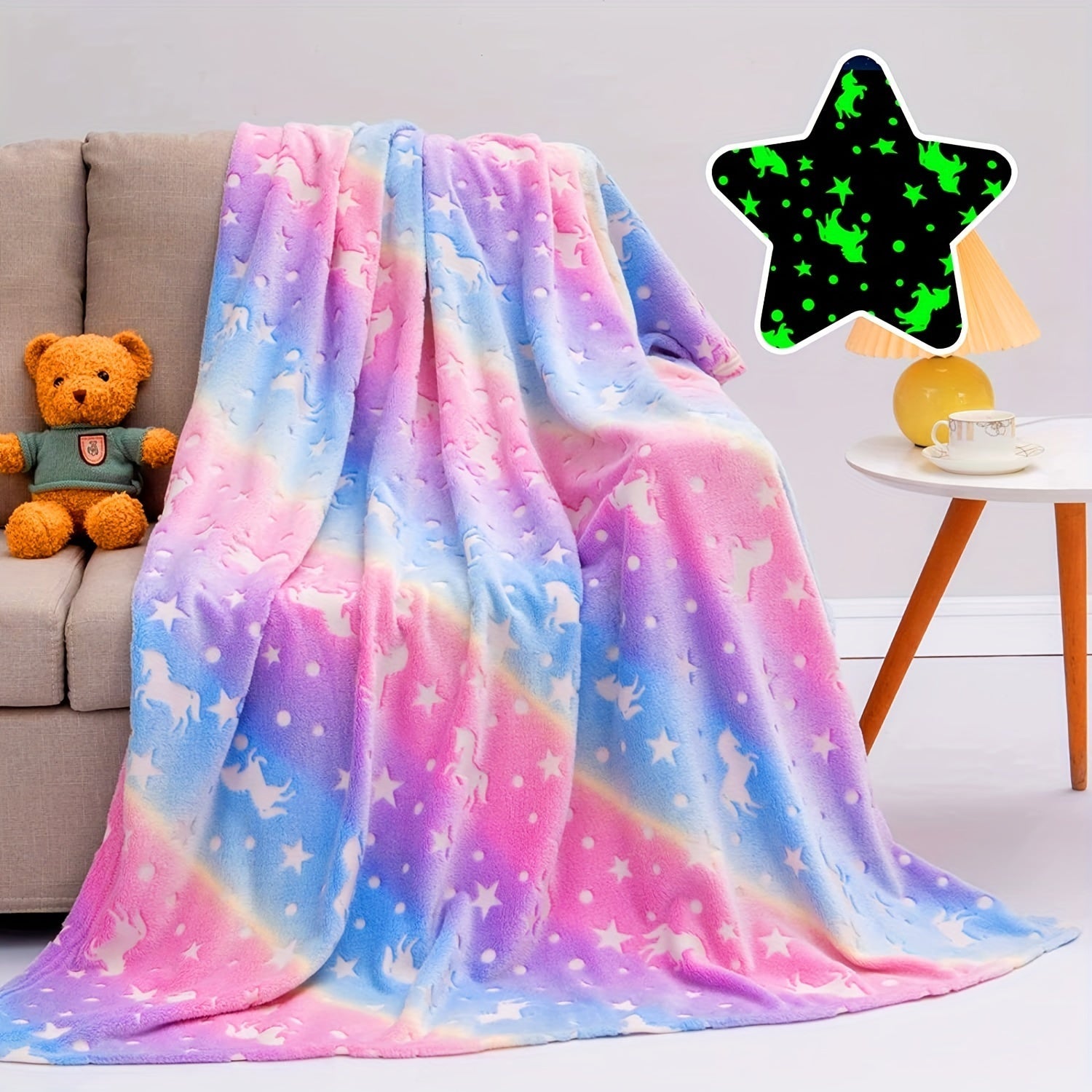 Cozy Rainbow Unicorn Flannel Blanket for Sofa Bed Travel 50x60 Inches