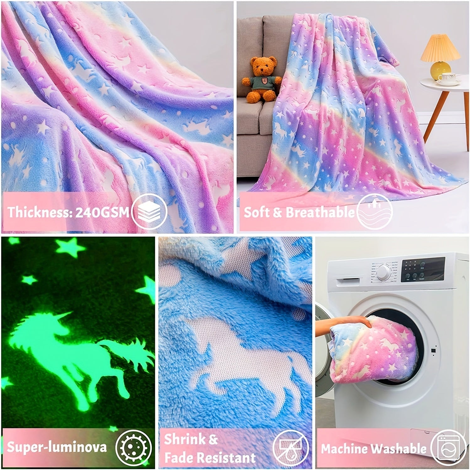Cozy Rainbow Unicorn Flannel Blanket for Sofa Bed Travel 50x60 Inches