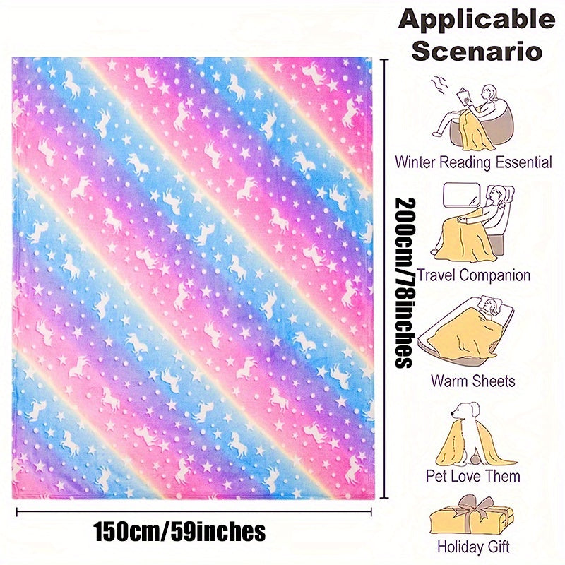 Cozy Rainbow Unicorn Flannel Blanket for Sofa Bed Travel 50x60 Inches
