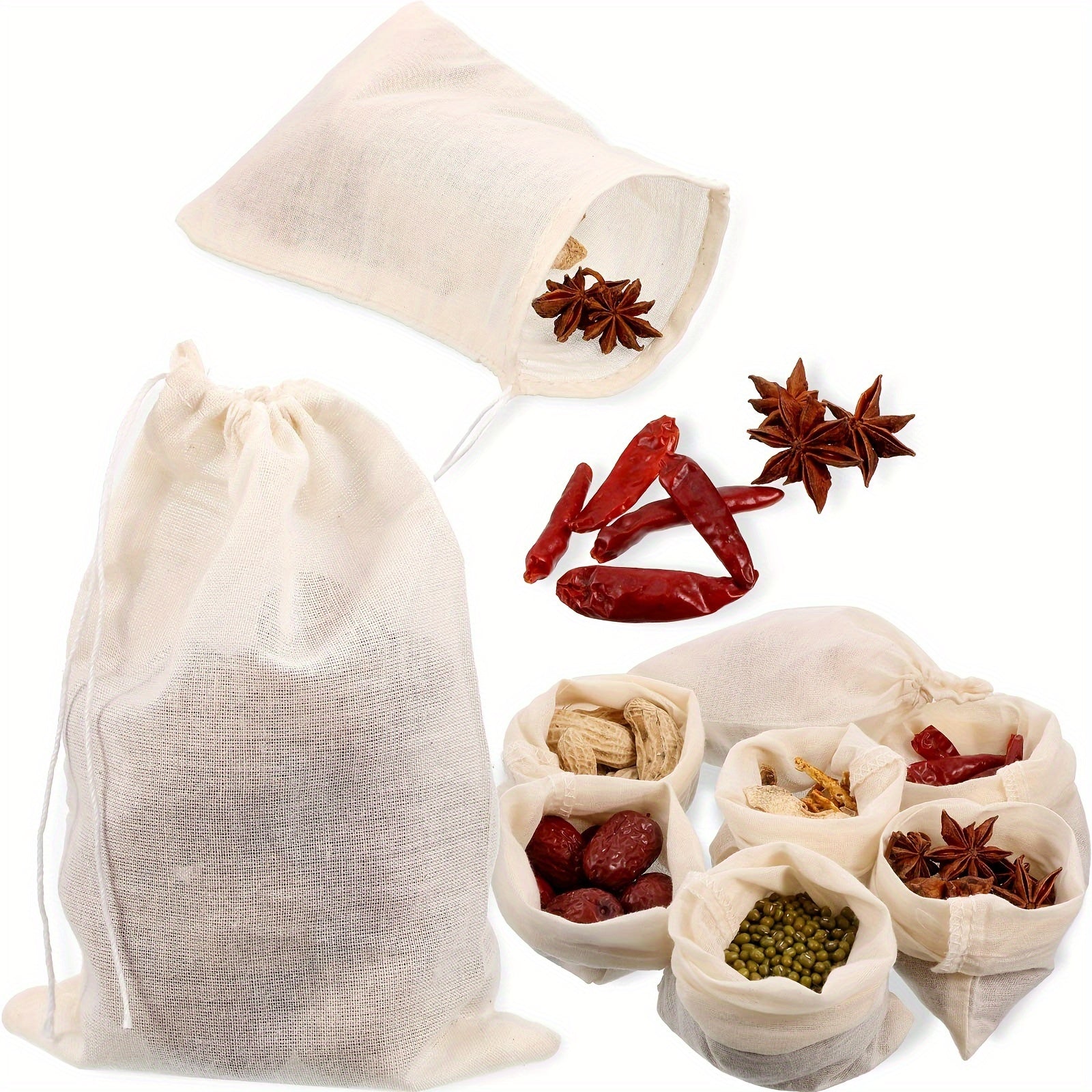 Set of 5 Reusable Muslin Drawstring Soup Bags for Spices Herbs and Teas