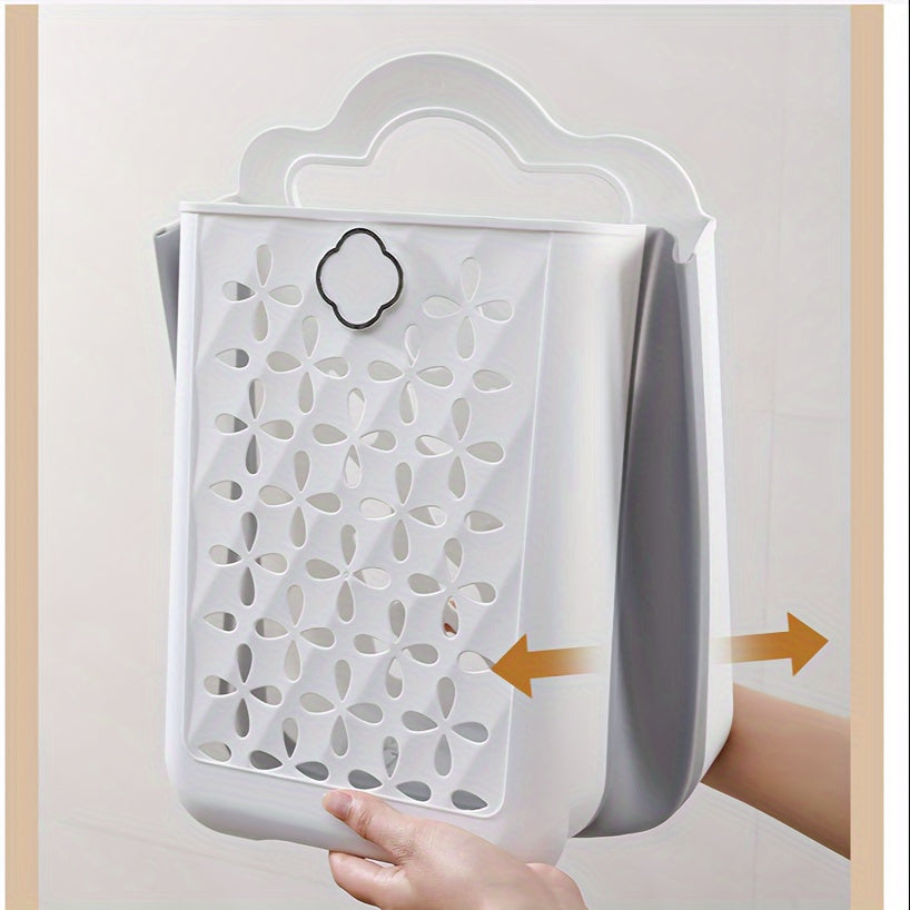 Foldable Wall-Mount Laundry Basket White Grey Plastic Compact Organizer for Clothes Toys
