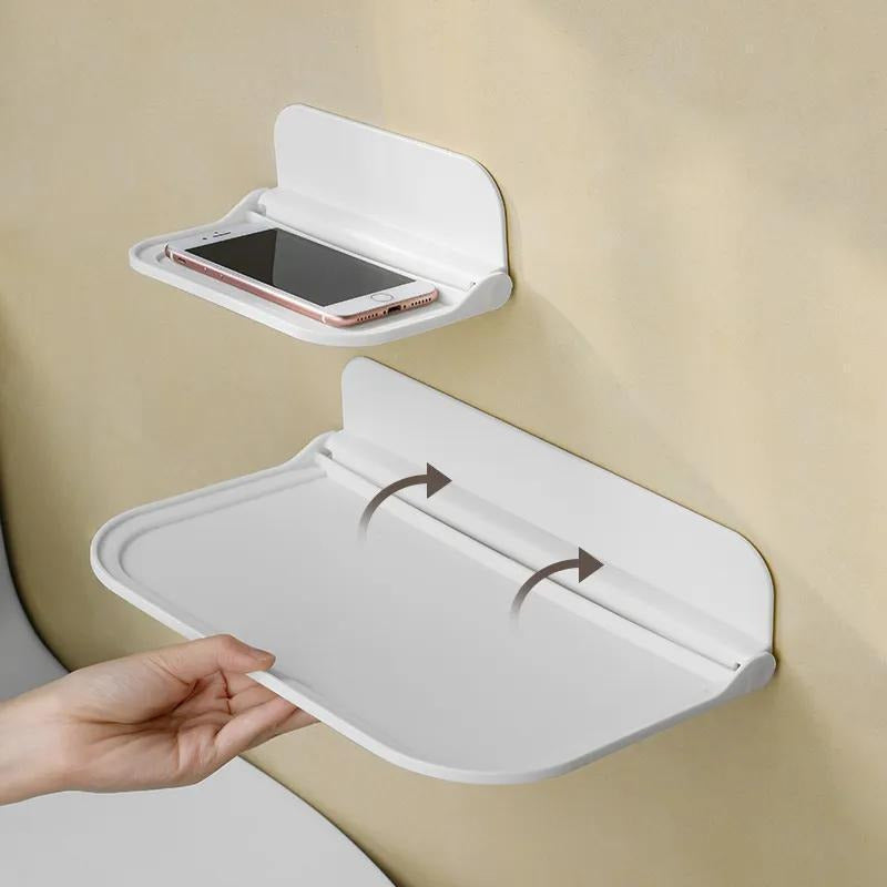 Wall-Mounted Plastic Storage Shelf with Towel Rack and Phone Holder