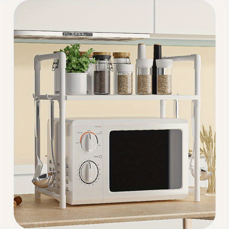 Durable Plastic Microwave Stand with Oven Shelf Hooks and Open Storage