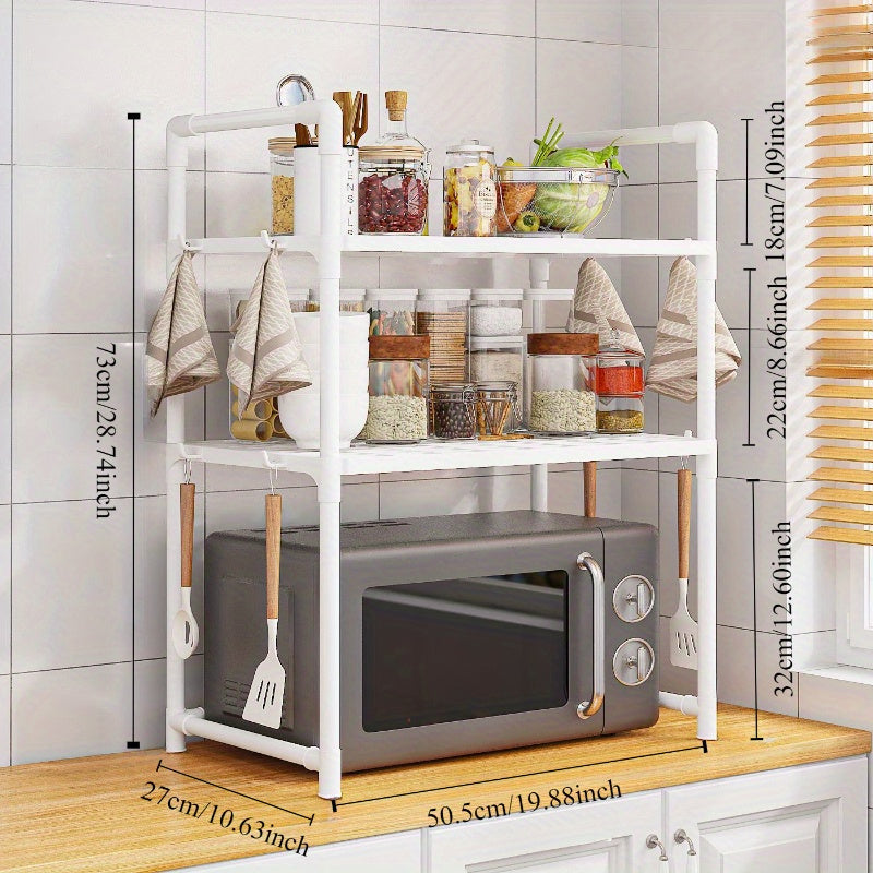 Durable Plastic Microwave Stand with Oven Shelf Hooks and Open Storage