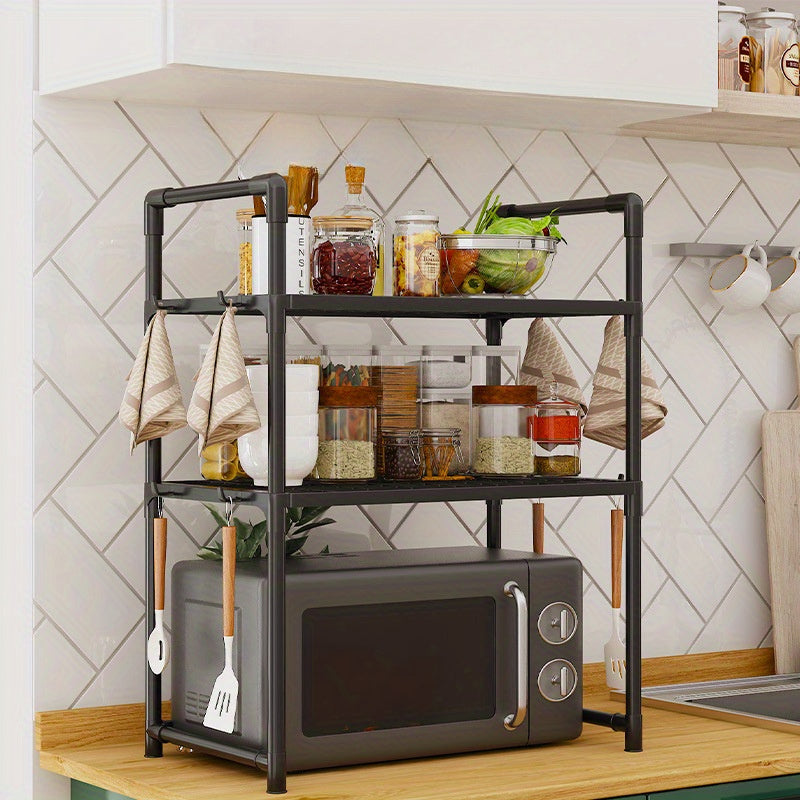 Durable Plastic Microwave Stand with Oven Shelf Hooks and Open Storage
