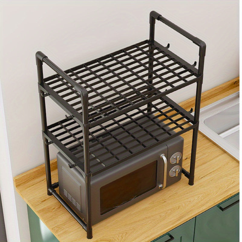 Durable Plastic Microwave Stand with Oven Shelf Hooks and Open Storage