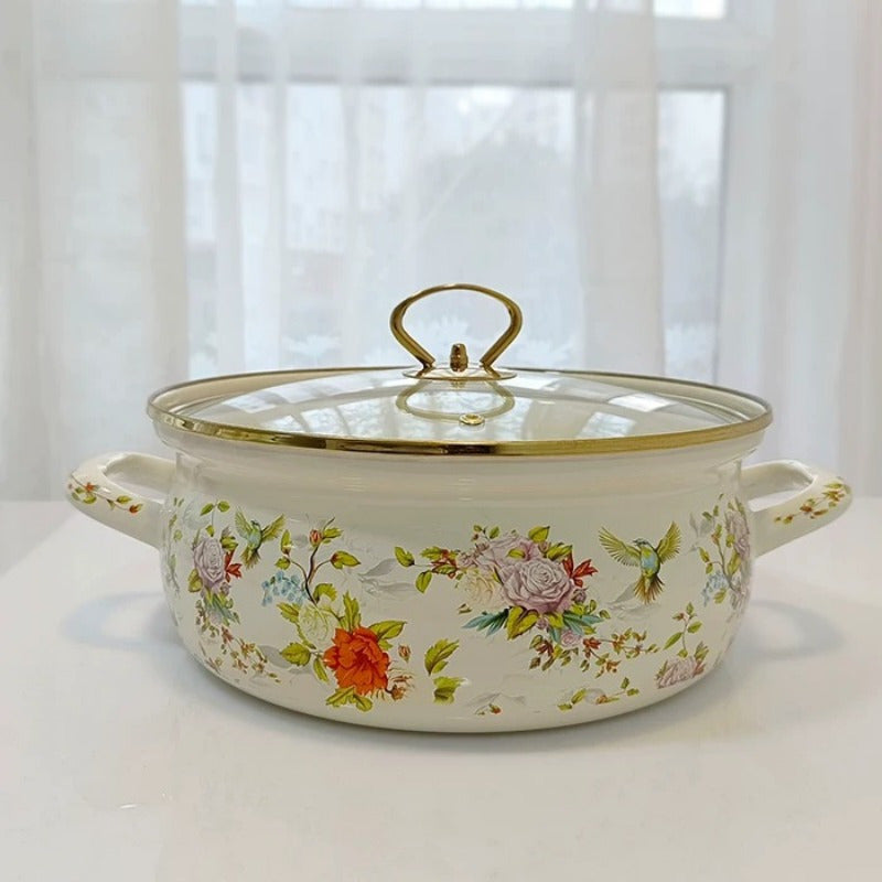 Enamel Seafood Stockpot Set 4.7L and 5.8L with Glass Lid for Stews, Gas & Induction