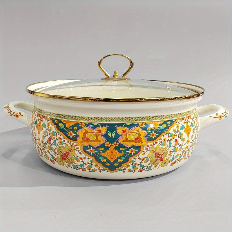 Enamel Seafood Stockpot Set 4.7L and 5.8L with Glass Lid for Stews, Gas & Induction