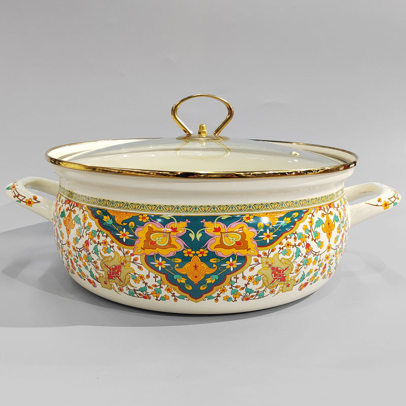 Enamel Seafood Stockpot Set 4.7L and 5.8L with Glass Lid for Stews, Gas & Induction