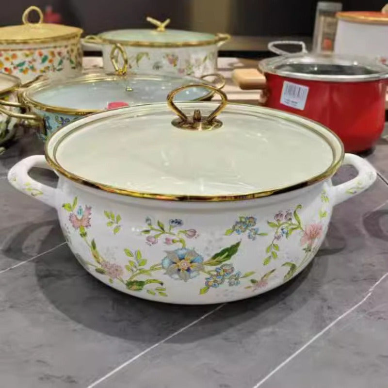 Enamel Seafood Stockpot Set 4.7L and 5.8L with Glass Lid for Stews, Gas & Induction