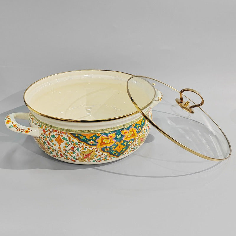 Enamel Seafood Stockpot Set 4.7L and 5.8L with Glass Lid for Stews, Gas & Induction