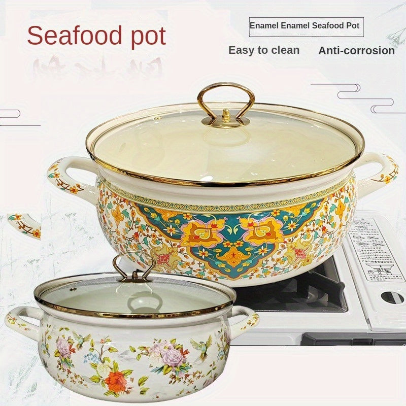 Enamel Seafood Stockpot Set 4.7L and 5.8L with Glass Lid for Stews, Gas & Induction