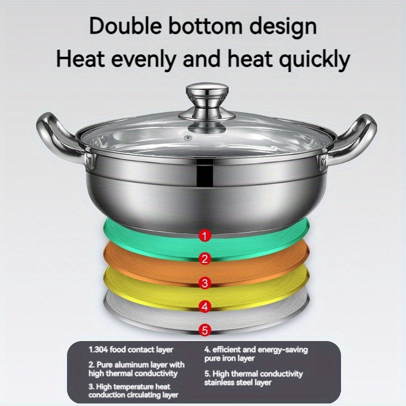 Family Size Stainless Steel Hotpot Cookware Double Bottom Induction Compatible with Lid