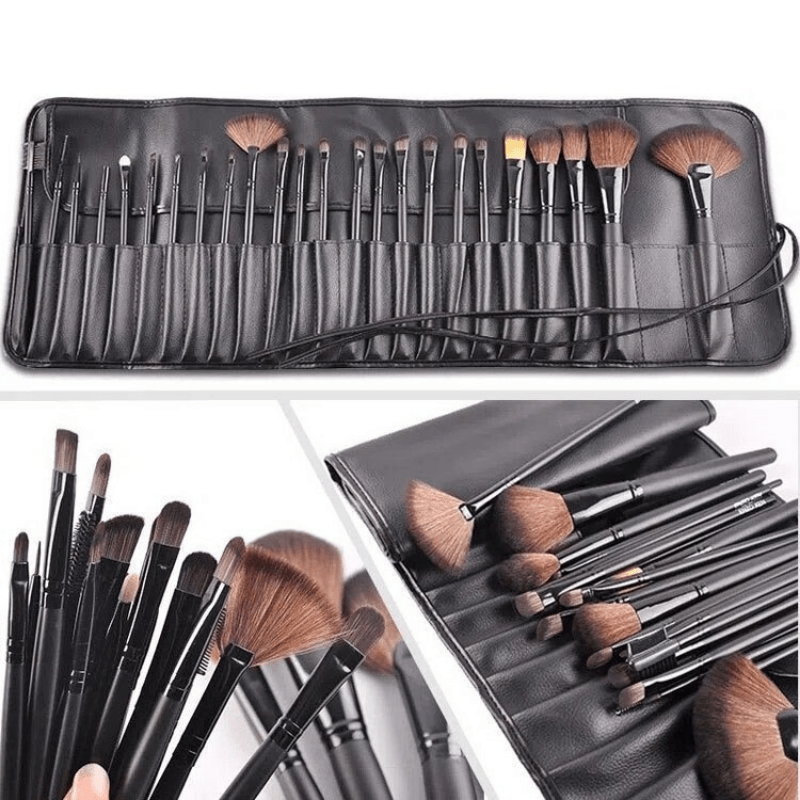 24-Piece Female Makeup Brush Set with Leather Storage Bag Synthetic Hair Un scented