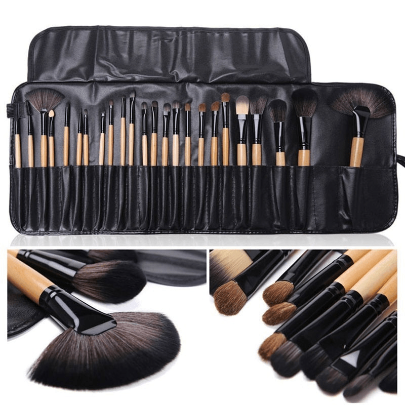 24-Piece Female Makeup Brush Set with Leather Storage Bag Synthetic Hair Un scented