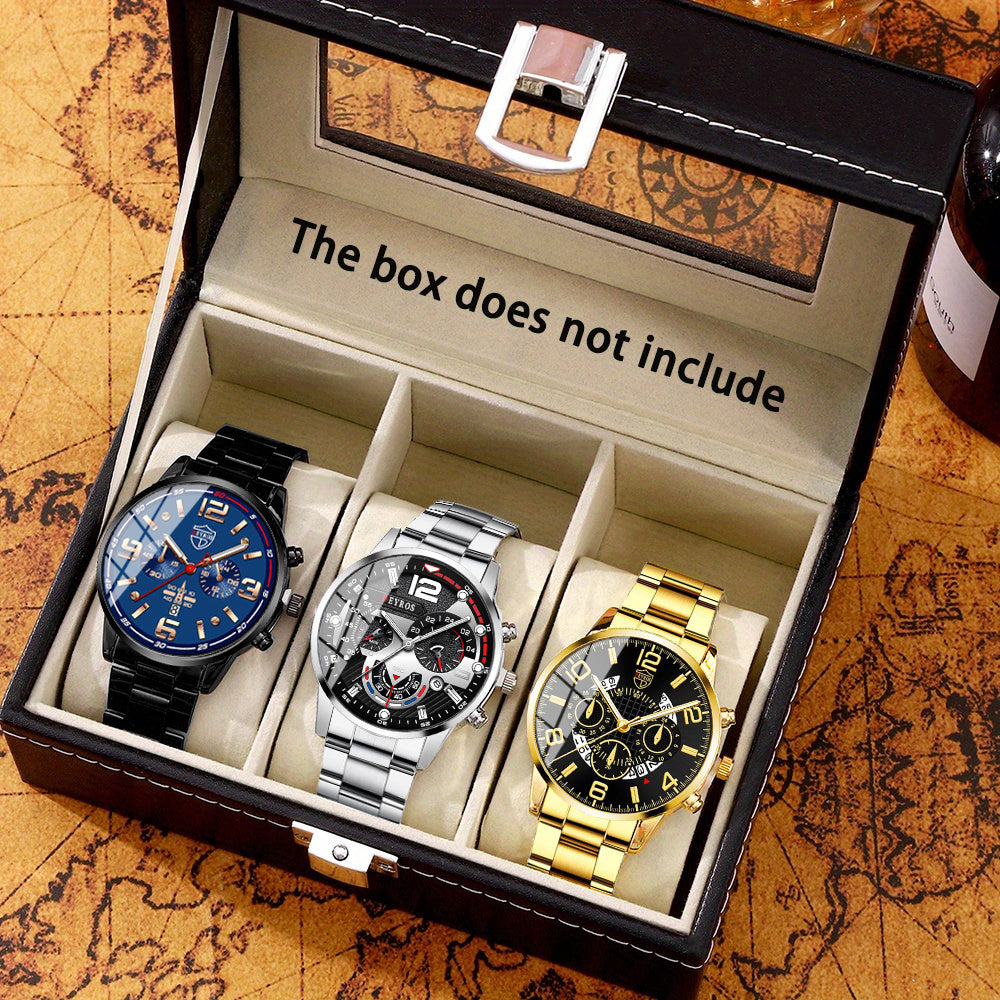 Set of 3 Men's Quartz Watches Stainless Steel Band Analog Calendar Wristwatches for Business and Gifting