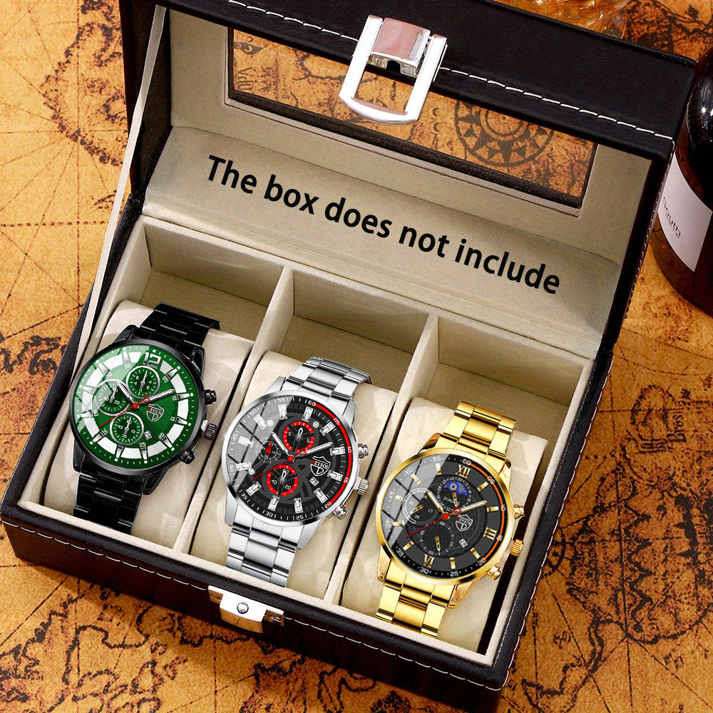 Set of 3 Men's Quartz Watches Stainless Steel Band Analog Calendar Wristwatches for Business and Gifting