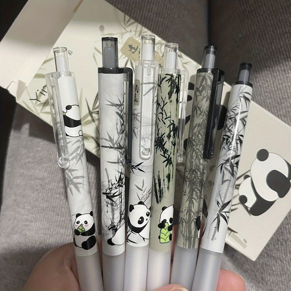 6 Retro Panda Gel Pens 0.5mm Retractable Black Ink Office School Supplies