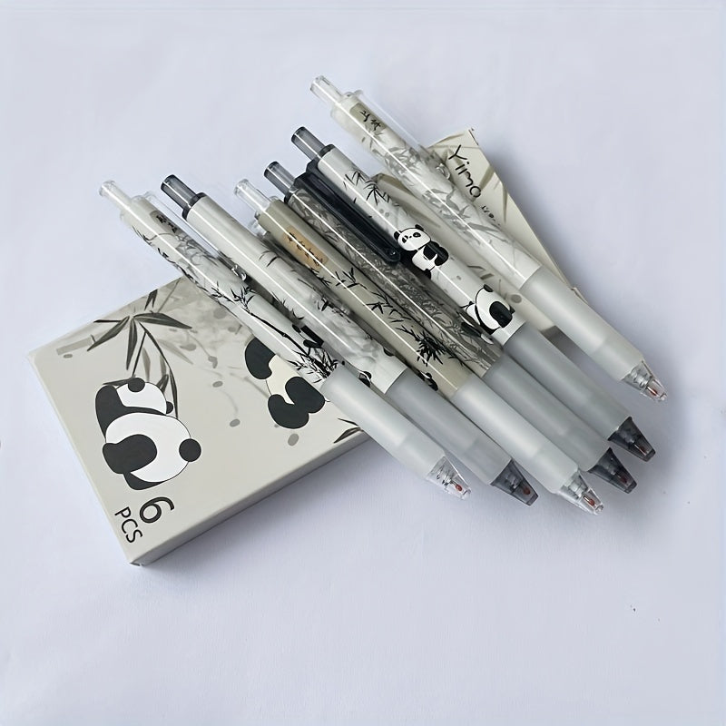 6 Retro Panda Gel Pens 0.5mm Retractable Black Ink Office School Supplies