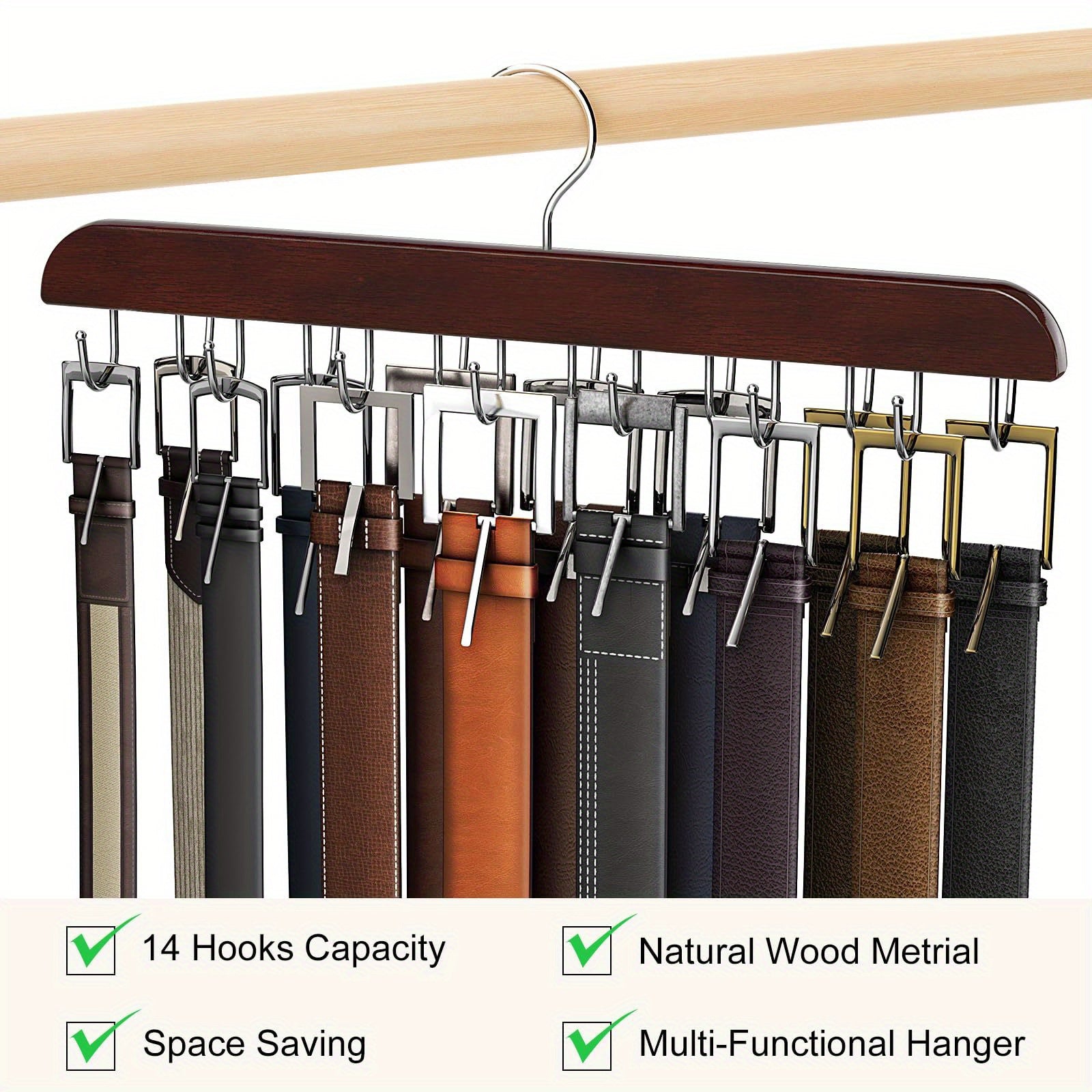 Wooden Wall Organizer with 14 Hooks for Belts Ties Scarves and Accessories