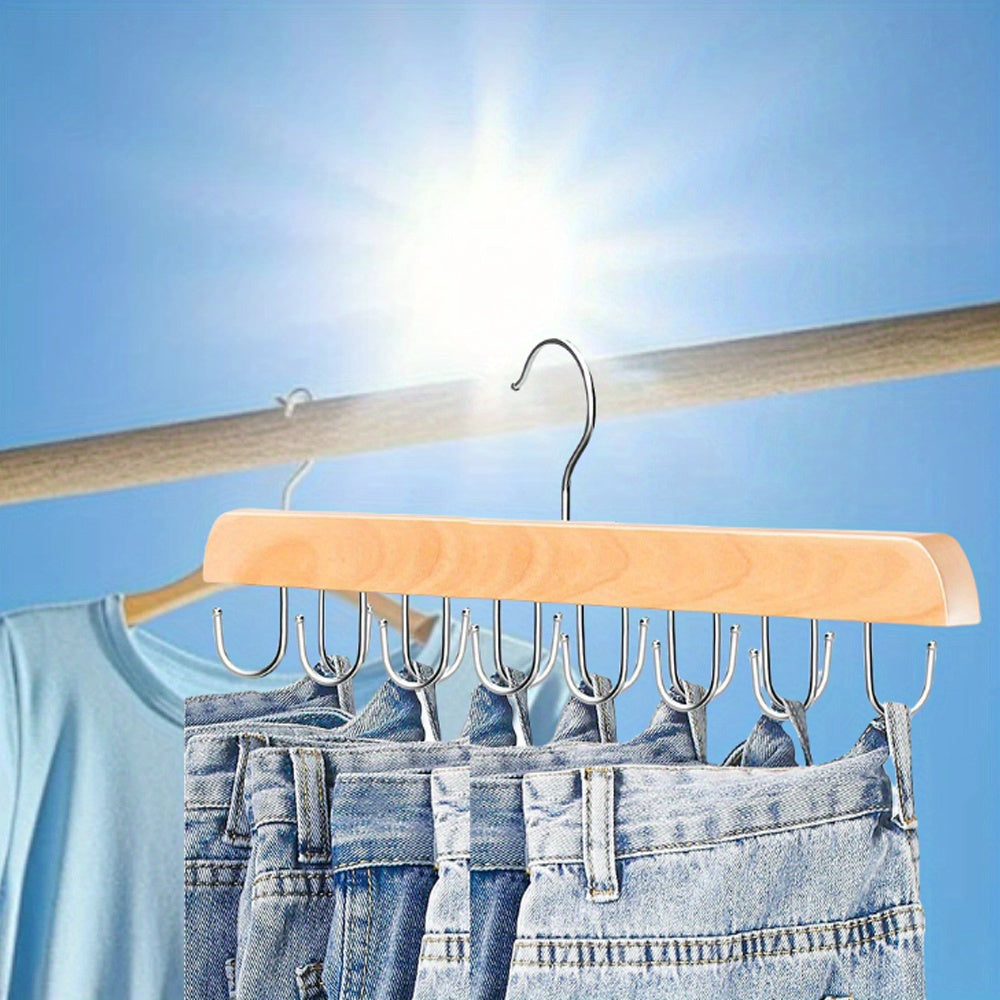 Wooden Wall Organizer with 14 Hooks for Belts Ties Scarves and Accessories