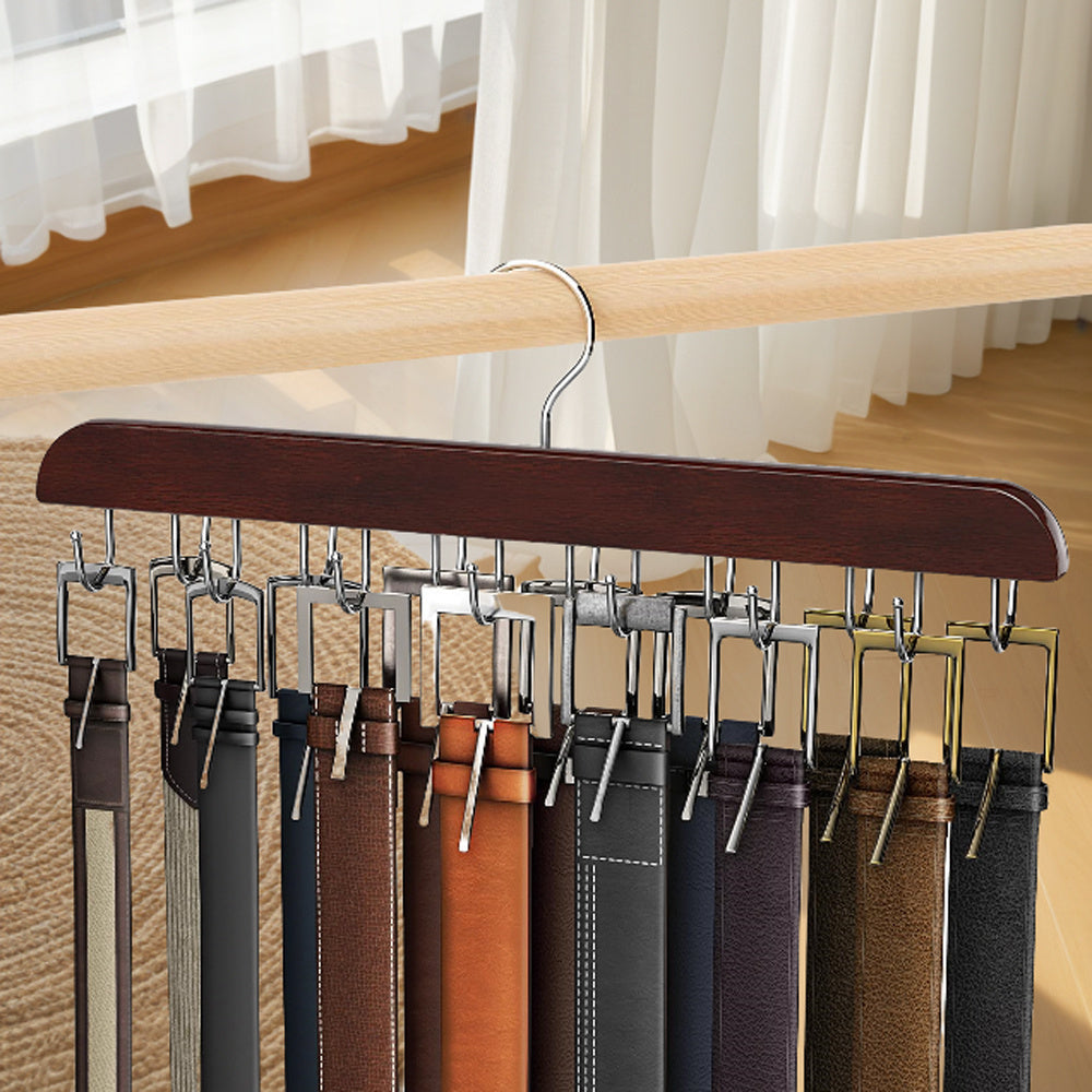 Wooden Wall Organizer with 14 Hooks for Belts Ties Scarves and Accessories