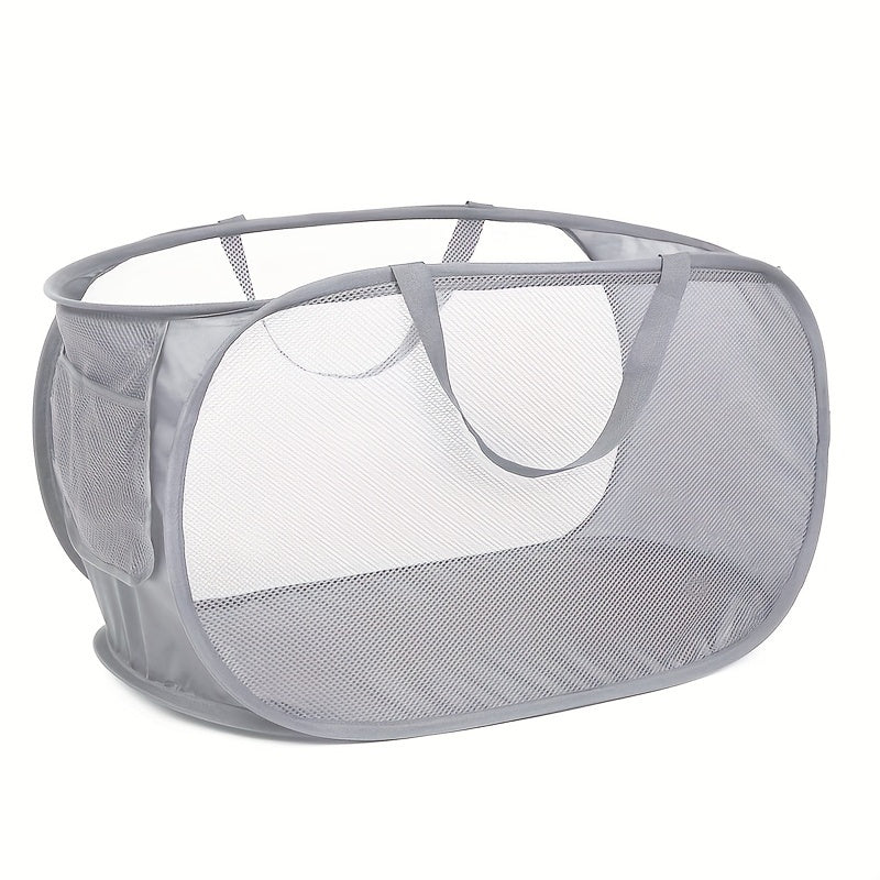 Cesta de ropa plegable de malla con bolsillo lateral para almacenamiento de ropa plegable
